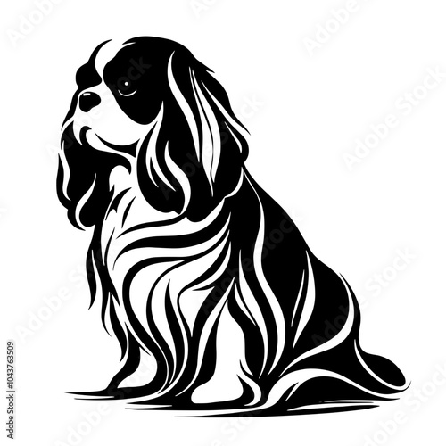 A black and white silhouette of Cavalier King Charles Spaniel, minimalist stroke, minimalist art style, vector, isolated, transparent 