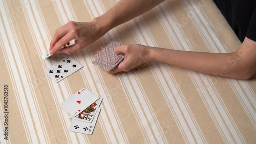 Hands of a young woman dealing classic cards from a deck for playing solitaire at a table. The concept of board card games, having fun, entertainment, poker.