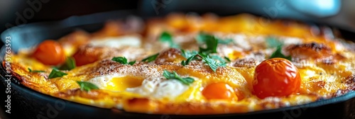 Rustic cast iron skillet, vibrant frittata, colorful cherry tomatoes, melted cheese, fresh herbs, golden egg mixture, breakfast dish, farm-to-table, sunlit kitchen, comfort food, crispy edges, nutriti photo