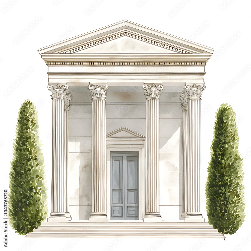Fototapeta premium Watercolor Illustration of a Classical Building with Columns and Trees.