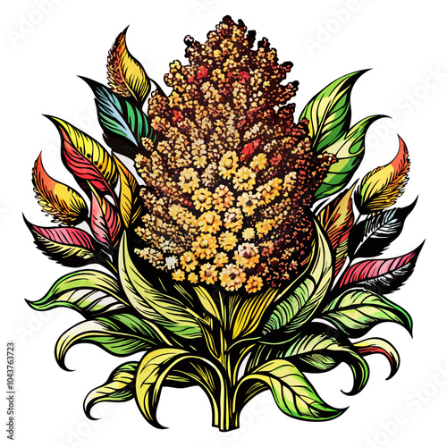 Vibrant Botanical Illustration of Colorful Blooming Sorghum Plant