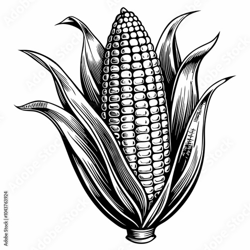 Vintage Corn Illustration Detailed Black and White Vector Art of Maize