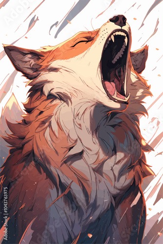 Red fox is howling fiercely, with its mouth wide open and sharp teeth bared, showcasing the raw power and beauty of nature