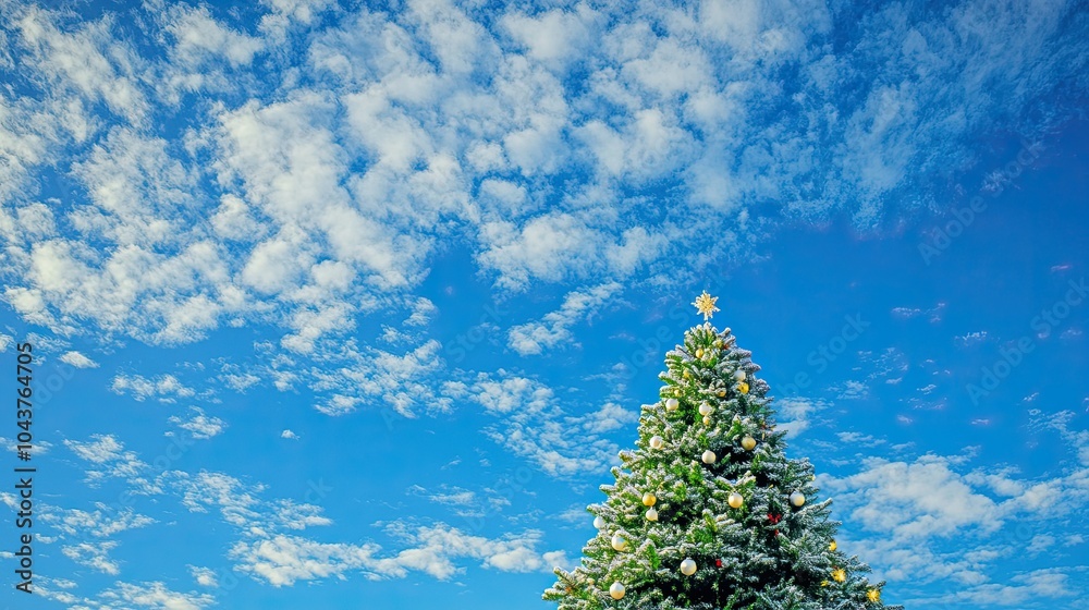 A vivid blue sky with prominent white clouds arranged to resemble a Christmas tree, adding a cheerful and seasonal touch to the scene.