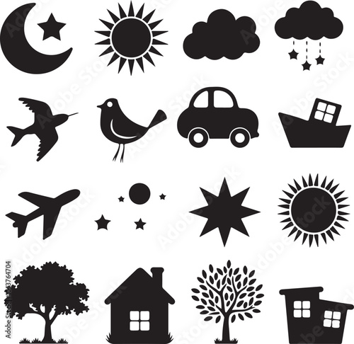 silhouette icon like car,boat,bird,plane,tree,home,star,cloud,moon etc. vector