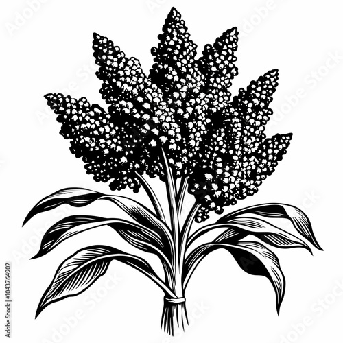 Detailed Black and White Sorghum Plant Illustration with Leaves and Seed Clusters
