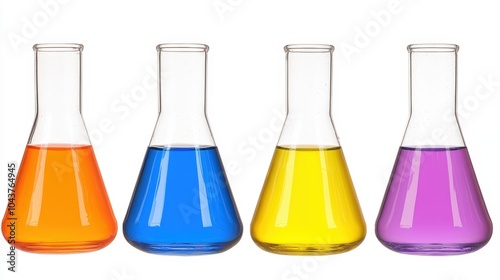 Colorful chemical liquids in laboratory glass beakers