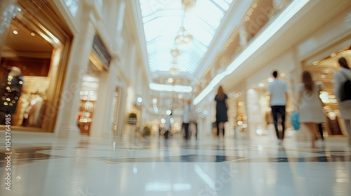 An upscale department store background with bright, polished tones and blurred shoppers, capturing the essence of a high-end retail environment.