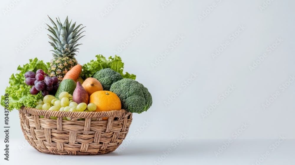 woven rattan basket with various fresh fruits and vegetables, side view, banner with copy space woven rattan basket with various fresh fruits and vegetables, side view, banner with copy space