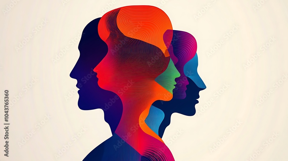 Abstract illustration of colorful overlapping profiles representing diversity, connection, and unity. Abstract illustration of colorful overlapping profiles representing diversity, connection, and unity.