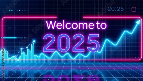 Welcome to 2025 banner in a tech-inspired style, with neon accents, a grid background, and digital charts showing upward trends.