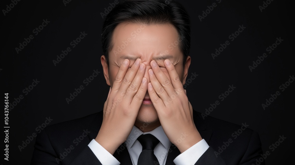 Businessman in black suit covering face with hands in stressful moment Businessman in black suit covering face with hands in stressful moment