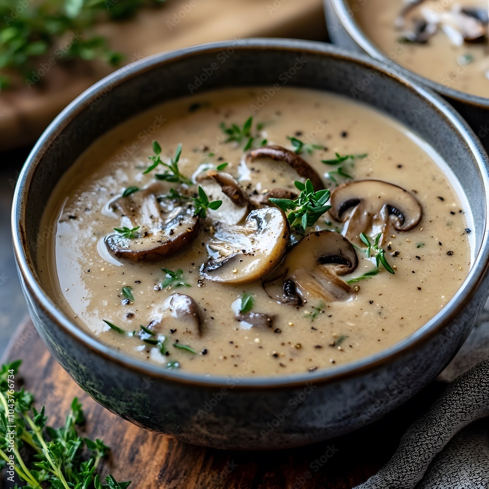 Creamy Mushroom Soup with Fragrant Herbs on Rustic Wooden Table Creamy Mushroom Soup with Fragrant Herbs on Rustic Wooden Table