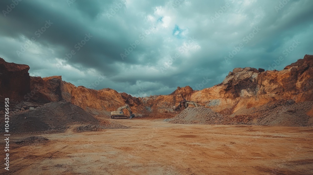 Fototapeta premium A barren quarry landscape under a cloudy sky, showcasing mining activity.