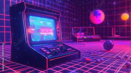 Retro 90s arcade game console and pixel art on a neon grid