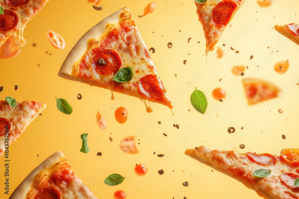 Slices of pizza featuring pepperoni and fresh ingredients fly diagonally against a bright backdrop, creating an energetic atmosphere. Generative AI