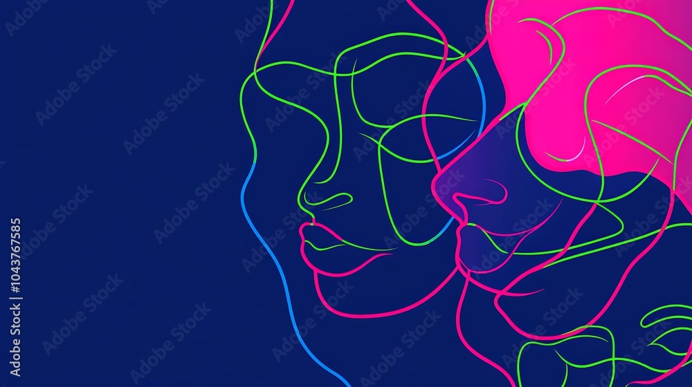 Abstract line art portrait of two women with pink and green lines on a dark blue background. Abstract line art portrait of two women with pink and green lines on a dark blue background.