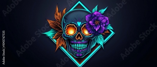 A vibrant, decorative skull design featuring flowers and leaves, showcasing a blend of colors on a dark background.