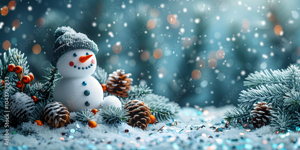 Obraz premium Christmas background with Snowman and snowflakes. Xmas. Happy New Year. Holiday greetings card. copy space, Festive design