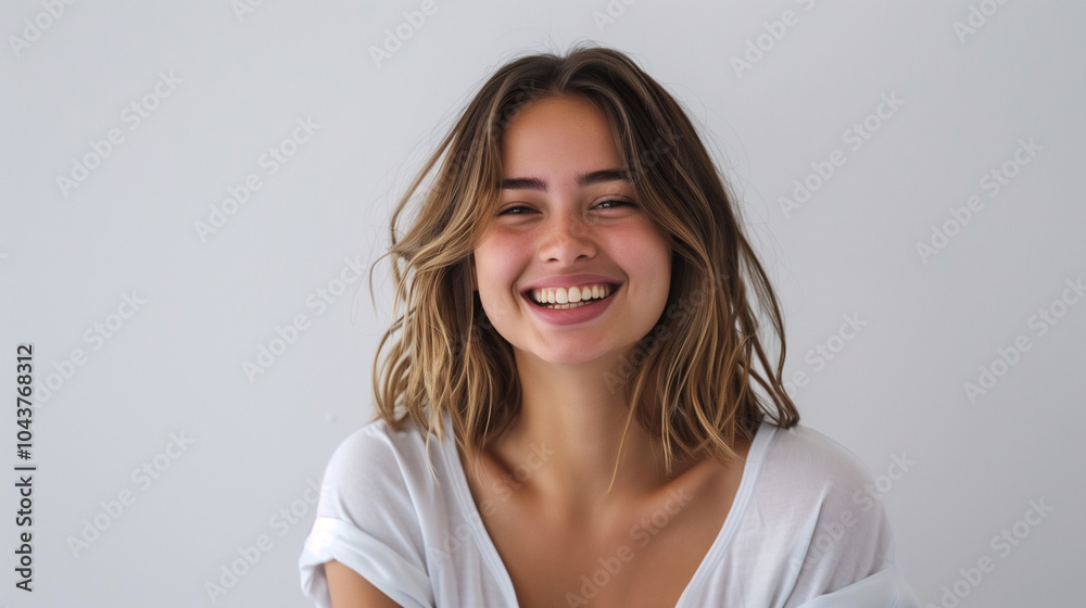 Smiling Woman in White Cotton T-Shirt Against Minimalist Background Smiling Woman in White Cotton T-Shirt Against Minimalist Background
