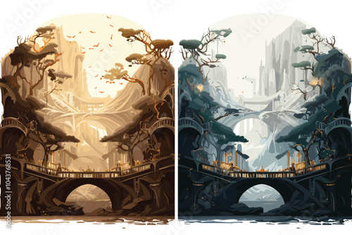 Set of fabulous deciduous forests with waterfalls. Vector stylized illustration. Forest landscape in blissful forests.