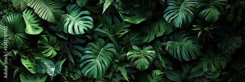 Wallpaper Mural Lush tropical foliage, Monstera deliciosa leaves, Dark green jungle background, Vibrant philodendron plants, Exotic rainforest flora, Dense leafy texture, Botanical garden closeup, Verdant plant life, Torontodigital.ca