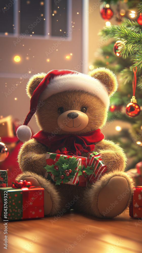 Teddy Bear in Santa Hat Surrounded by Christmas Gifts Teddy Bear in Santa Hat Surrounded by Christmas Gifts