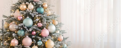 A whimsical Christmas tree decorated with vintage ornaments, sparkling garlands, and pastel lights, Christmas tree, elegant holiday decor