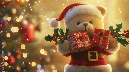 Teddy Bear in Santa Hat Surrounded by Christmas Gifts
