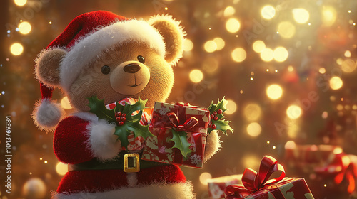 Teddy Bear in Santa Hat Surrounded by Christmas Gifts