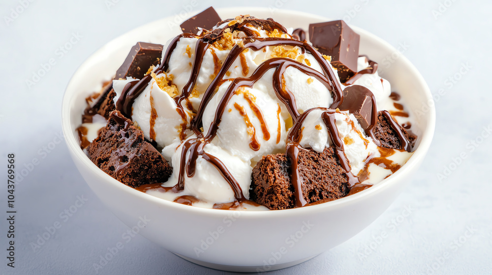 Indulge in a decadent chocolate brownie sundae with creamy ice cream and drizzled sauce Indulge in a decadent chocolate brownie sundae with creamy ice cream and drizzled sauce