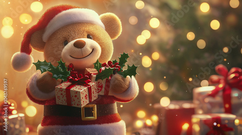 Teddy Bear in Santa Hat Surrounded by Christmas Gifts