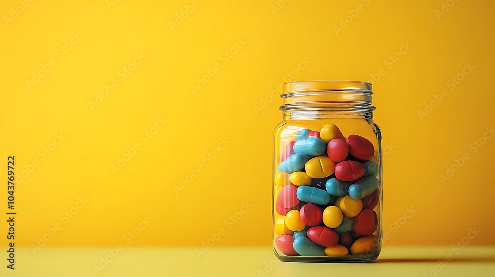 A glass jar filled with colorful pills on a yellow background. A glass jar filled with colorful pills on a yellow background.