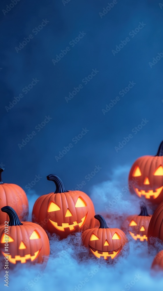 Halloween pumpkins glowing in the fog against a dark blue background. Halloween pumpkins glowing in the fog against a dark blue background.