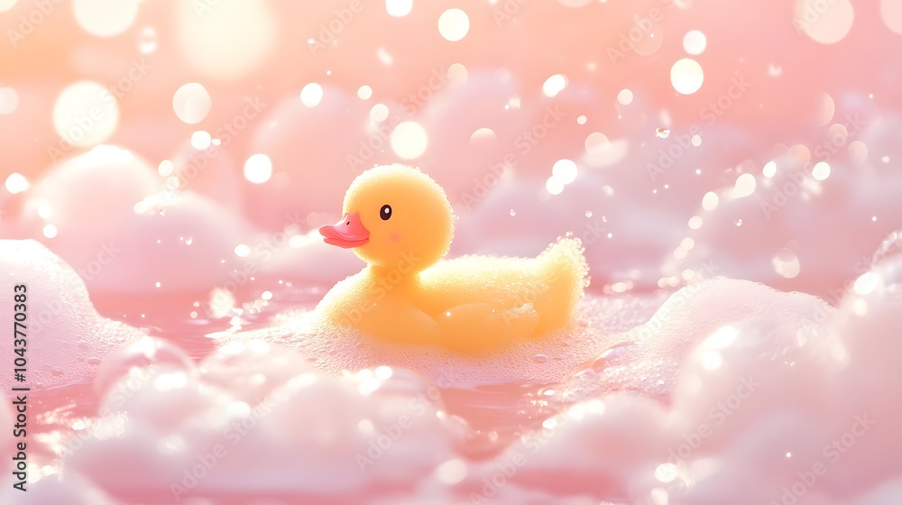 Rubber duck floating among pink bubble foam. Rubber duck floating among pink bubble foam.
