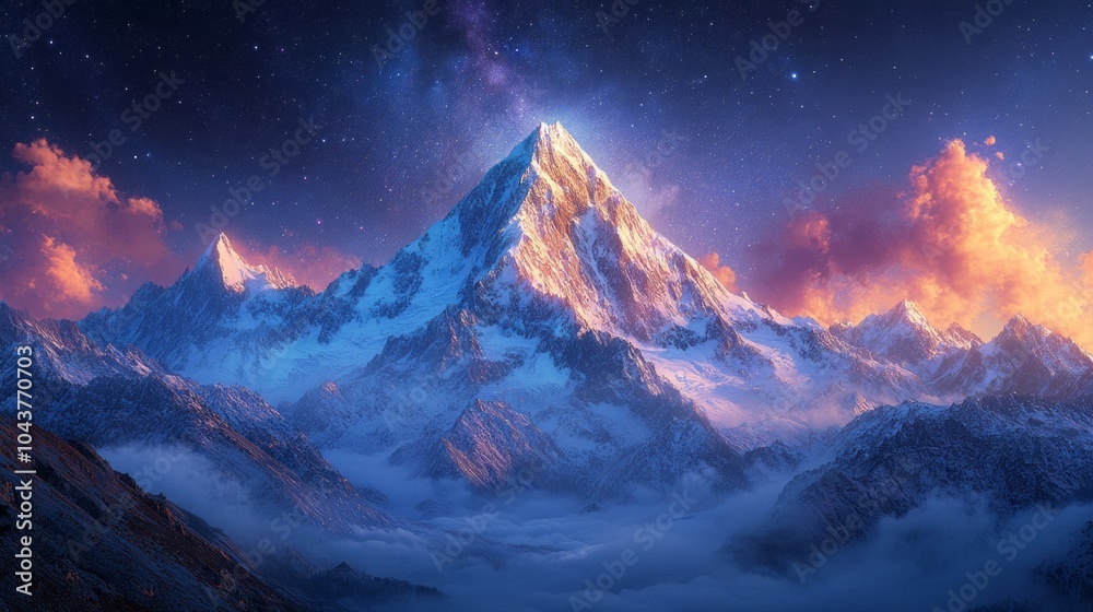 A mountain range with a large peak and a beautiful sky with stars A mountain range with a large peak and a beautiful sky with stars