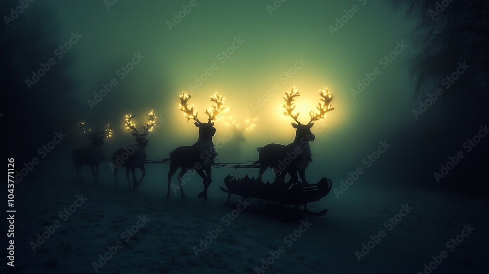 Fototapeta premium Ghostly Reindeer Pulling a Shadowy Sleigh Through Misty Night