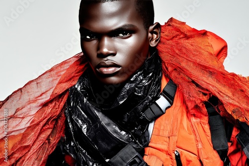 Close up portrait of a man in bold red and black fashion with dramatic lighting conveying intensity high contrast and avant garde style