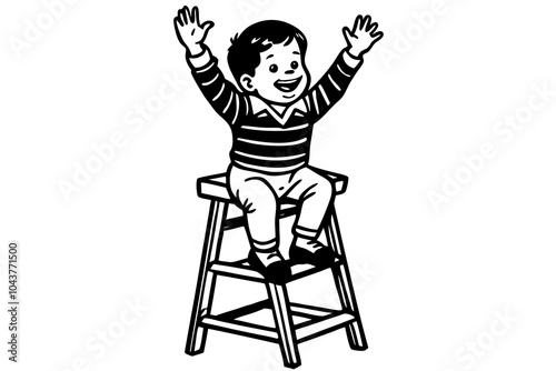  Adorable child sitting on top of stepladder, hands raise up