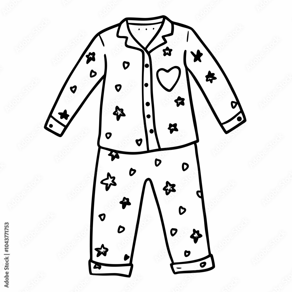 Cute Pajama Set with Star and Heart Design Black and White Line Art Illustration Cute Pajama Set with Star and Heart Design Black and White Line Art Illustration