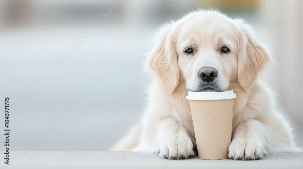 Adorable golden retriever puppy relaxing with a coffee cup