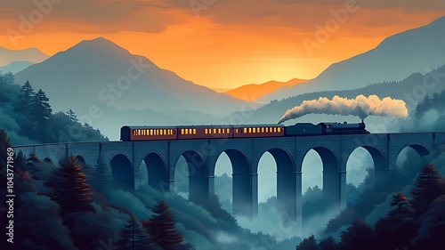 A steam train travels through a mountain valley at sunset, the train is on a stone bridge with multiple arches, smoke is coming from the train's chimney.