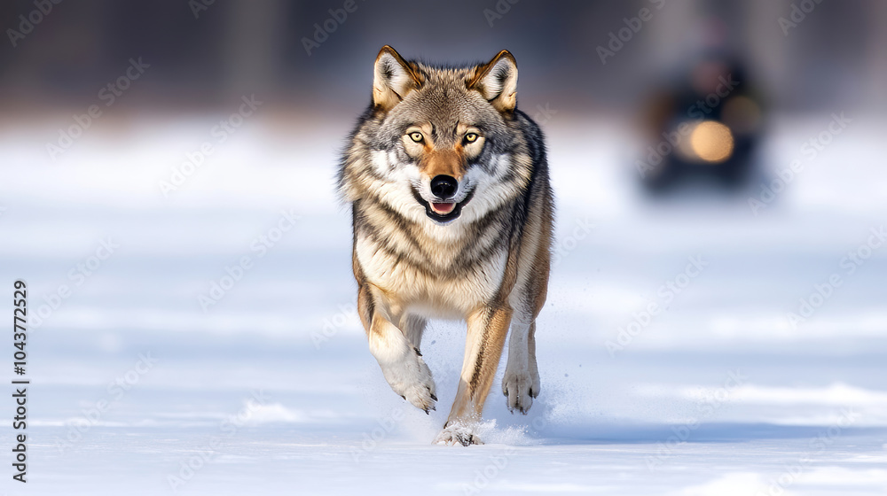 Fototapeta premium Majestic grey wolf runs in snowy landscape with a snowmobile in the background, exuding freedom and speed. The european wolf looks focused and dangerous