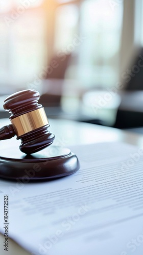 Judge's gavel resting on legal documents and papers, soft focus background. photo