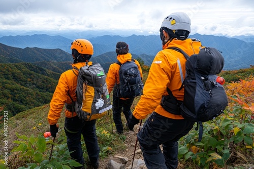 A group of researchers collecting data in the field, using various tools to measure and observe natural phenomena photo