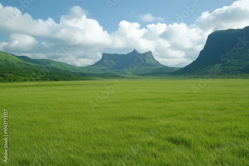 Scenic landscape featuring lush green fields and majestic mountains under blue sky.