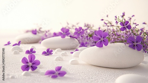 A clean white background adorned with purple flowers and white rocks, creating a tranquil and elegant composition for beauty or relaxation concepts.