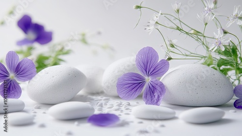 A clean white background adorned with purple flowers and white rocks, creating a tranquil and elegant composition for beauty or relaxation concepts.