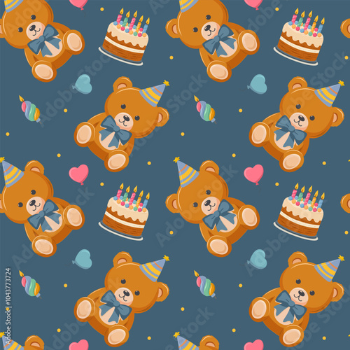 Fotografie Holiday seamless pattern with teddy bear with balls, cake, candles, for decorati