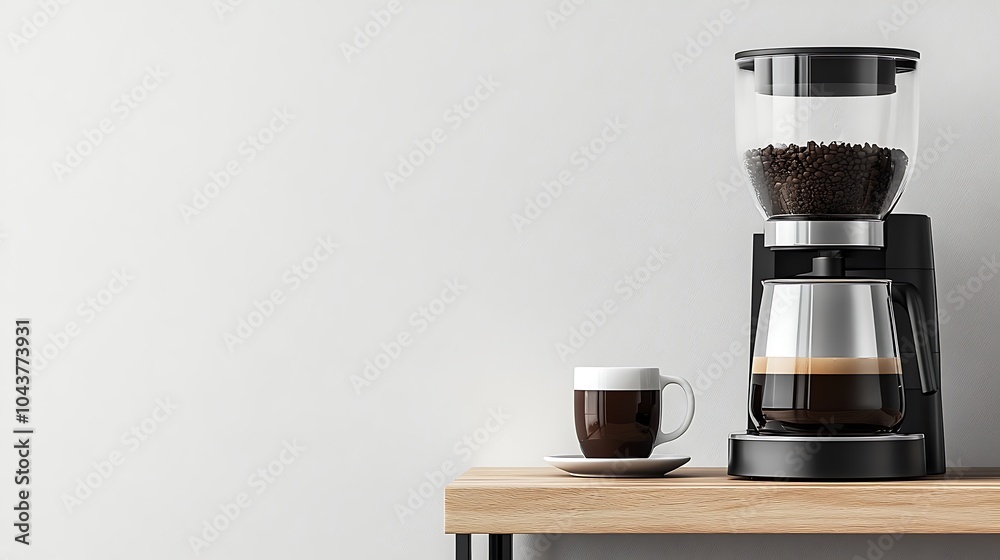 Modern Black Coffee Machine in a Stylish Kitchen with Cup - Sleek Home Appliance Closeup Modern Black Coffee Machine in a Stylish Kitchen with Cup - Sleek Home Appliance Closeup